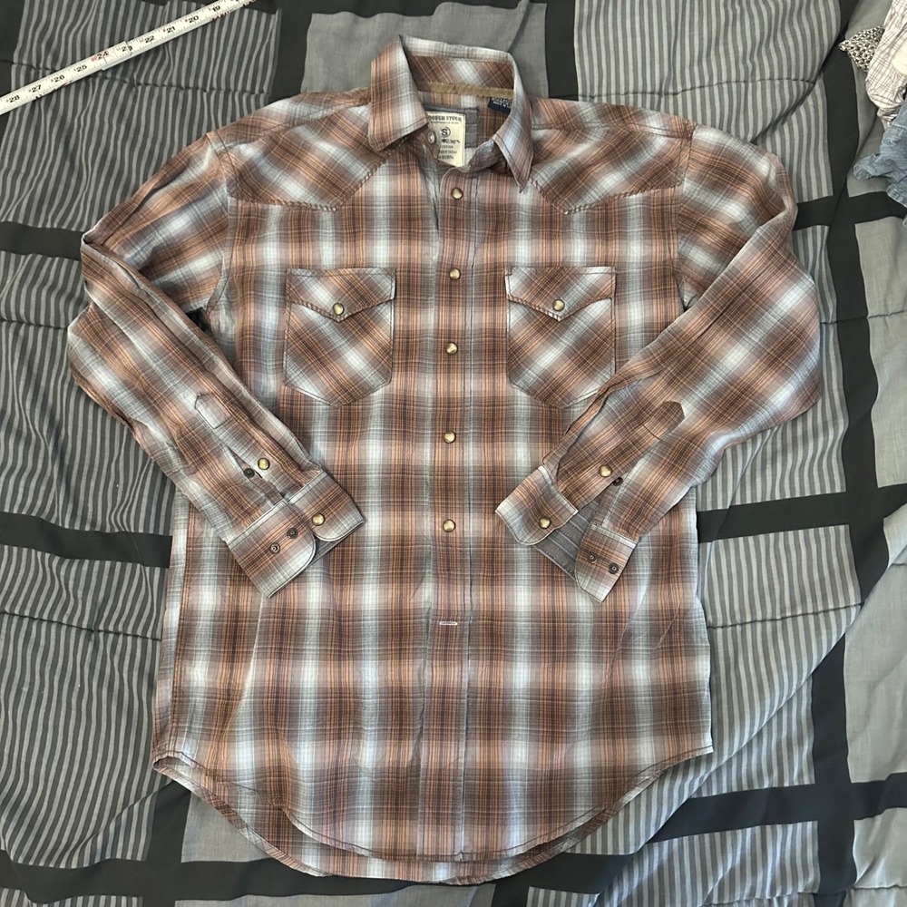 Rough Stock Panhandle Pearl Snap Shirt Mens Small Plaid Long Sleeve Western